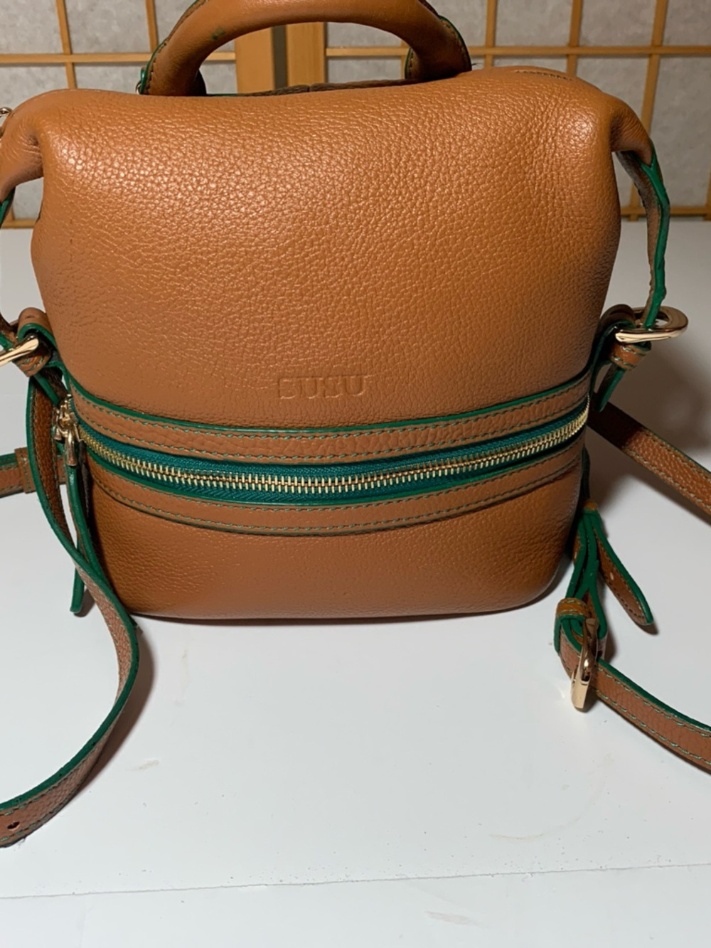 Tan Pebbled Crossbody Bag with Green Trim